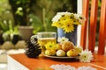 Teatime with Chinese pastry and tea and flower on a orange chair Royalty Free Stock Photo