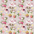 Teatime pattern: flowers, teacup, cake, teapot. Watercolor. Seamless background Royalty Free Stock Photo