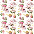 Teatime pattern: flowers, teacup, cake, teapot. Watercolor. Seamless background Royalty Free Stock Photo