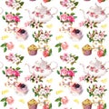Teatime pattern: flowers, teacup, cake, teapot. Watercolor. Seamless background Royalty Free Stock Photo