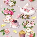 Teatime pattern: flowers, teacup, cake, teapot. Watercolor. Seamless background Royalty Free Stock Photo