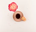Teatime, Pink cup of tea, Pink rose and biscuits Cookies on white table. top view. Copy space