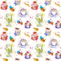 Teatime repeating pattern. Cupcake cakes, tea, coffee cup.