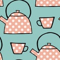 Teatime seamless pattern, pink polka dot teapots and cups on a blue background