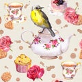 Teatime: tea pot, cup, cakes, rose flowers, bird. Seamless pattern. Watercolor Royalty Free Stock Photo