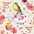 Teatime: tea pot, cup, cakes, rose flowers, bird. Seamless pattern. Watercolor Royalty Free Stock Photo