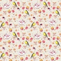 Teatime: tea pot, cup, cakes, rose flowers, bird. Seamless pattern. Watercolor