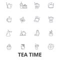 Teatime, tea, teacup, cafe, tea party, afternoon drinks, cupcake, pot line icons. Editable strokes. Flat design vector