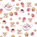 Teatime - teapot, tea cup, cakes, flowers. Seamless pattern. Watercolor Royalty Free Stock Photo