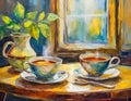 Teatime two cups of tea on table infront of window art oil painting Royalty Free Stock Photo