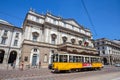 Teatro alla Scala Theatre La Scala with a typical Milan old tram. Is the main opera house in Milan. Considered one of the most p