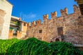 Teatro Nuovo theatre brick wall with merlons from Juliet balcony of Casa di Giulietta