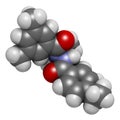 Tebufenozide insecticide molecule. 3D rendering. Atoms are represented as spheres with conventional color coding: hydrogen white.