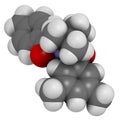 Tebufenozide insecticide molecule. 3D rendering. Atoms are represented as spheres with conventional color coding: hydrogen white.