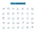 Tech banking linear icons set. Fintech, Blockchain, Cryptocurrency, Mobile banking, Machine learning, Artificial