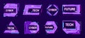 Tech banner frames. Cyber futuristic labels and digital glitch badge templates with abstract sci fi text boxes and hi