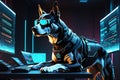 Tech Canine Command: Cybernetic Canine Mounted in Front of a Sleek Workstation with Multiple Glowing Screens, Typing Vigorously