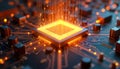 Tech cpu chip glowing on motherboard with light trails. Data transfer concept. Modern tech system in action. Futuristic tech
