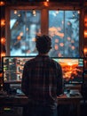 Tech Developer Coding on Multiple Monitors Royalty Free Stock Photo