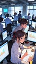 Tech Development Scene of Anime Programmers Collaborating on Software Project Royalty Free Stock Photo