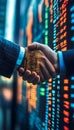 Tech-Driven Financial Success A Close-Up Handshake Symbolizes Collaboration, Data Analysis
