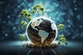 Tech for Earth Tree on globe, abstract blue backdrop uniting ecology, energy, and ethics
