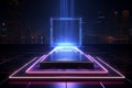 Tech elegance Metallic podium in futuristic setting, neon lights illuminate