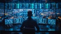 Software Developer Coding in a High-Tech Office at Night