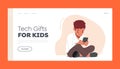 Tech Gifts for Kids Landing Page Template. Little Boy Character with Smartphone, Child Using Gadgets, Kid Education