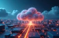 Tech illustration cloud computing concept with web data storage. Global social networking with server online binary background. Royalty Free Stock Photo