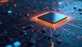 Tech illustration presents processor on circuit board. Design digital infrastructure with electric conductors. Futuristic Royalty Free Stock Photo