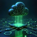 Tech illustration shows cloud computing connection. Cyber cloud with digital elements transmits data via glowing lines to Royalty Free Stock Photo