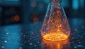Tech illustration shows glowing network design inside Erlenmeyer flask. Science data, artificial intelligence concept. Orange Royalty Free Stock Photo