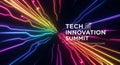 Tech Innovation Summit event poster with radiating neon light lines and event details Royalty Free Stock Photo
