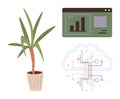 Tech integration concept with cloud computing circuits, potted plant, and data visualization screen Royalty Free Stock Photo