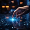 Tech interaction Finger touches virtual screen button, symbolizing innovation
