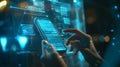 Tech interaction urban setting digital interface nighttime close-up innovation