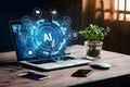 Tech meets nature with holographic AI interface and plant in glass container