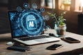 Tech meets nature with holographic AI interface and plant in glass container