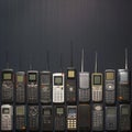 Tech nostalgia Old and obsoleted cellphones arranged on black backdrop