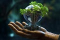 Tech nurtures nature Robot hand cradles Earth-bound tree, convergence background blends eco-tech