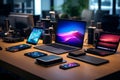 Tech reviewer exploring the latest gadgets and tech innovations, Modern tech-filled workspace