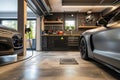 A tech-savvy garage with smart car charging station, automated garage door opener with remote access via smartphone app, and smart