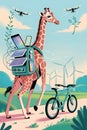 A tech-savvy giraffe with a solar-powered backpack and drones walks past a bicycle Royalty Free Stock Photo