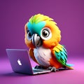 Tech-Savvy Parrot: A Cute 3D Render of a Parrot Using a Laptop on a Solid Color Background