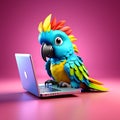 Tech-Savvy Parrot: 3D Rendered Cartoonish Image of a Parrot Using a Laptop on a Solid Background