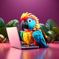 Tech-Savvy Parrot: 3D Rendered Cartoonish Image of a Parrot Using a Laptop on a Solid Background