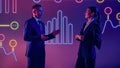 Tech-savvy professionals delivers dynamic presentation against neon lit screen with data analysis and insights.
