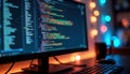 Tech savvy programmer works on code on computer screen. Colorful code lines fill screen. Modern tech environment. Night time. Royalty Free Stock Photo