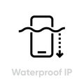 Tech specs waterproof IP phone icon. Editable line vector.